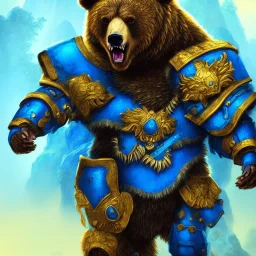 An angry bear warrior in blue and gold armor, background of Inka jungle, high detail, smooth, realistic, digital illustration, Artstation, artgerm,