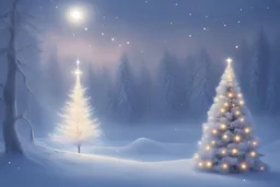 decorated a Christmas tree with sparklers in a fairy-tale snowy forest landscape bathed in moonlight and the spirit of a loving angel