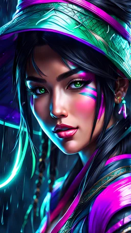 Akali in 8k anime realistic drawing style, close picture, rain, neon, intricate details, highly detailed, high details, detailed portrait, masterpiece,ultra detailed, ultra quality