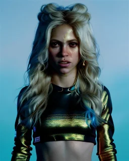 portrait, Shakira, blonde artist, angry, Realistic image, MMA robe, hoodie, mma gloves, fight pose, make-up make-up, gold line make-up, sweat, fog, goddess style, Neon colors, leds. Black background, photo studio, concept art, smooth, unreal engine 5, god lights, ray tracing, RTX, lumen lighting, ultra detail, volumetric lighting, 3d, finely drawn, high definition, 4k.