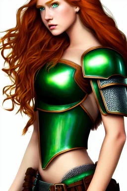 concept illustration, ultra-realistic, super-detailed, strikingly beautiful teen female, 16 years old, long ginger hair, green eyes, medium freckles, full lips, full body, full face, b-cup breasts, athletic, centred camera, ignore NSFW, black skimpy fantasy leather armor, stern expression