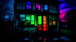 Abandoned house with broken glass through which jets of brightly colored liquid escape in a dark environment and dawn