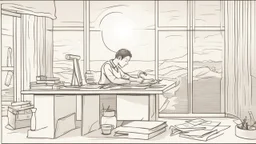The image depicts an individual seated at their desk, meticulously crafting an organized daily schedule on a large sheet of paper in front of them. The image showcases attention to detail, as the person uses a pen to delineate different times and tasks on the schedule. The sun is seen rising behind a window, signifying the beginning of a new day full of possibilities. This image emphasizes the importance of good planning and creating an effective daily schedule to achieve success and enhance pro