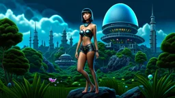 Photorealistic, full Body Photo Of A slim Exotic Sci-Fi Pin-Up Girl, With dark Hair and Bangs, on an alien jungle Planet With Cloud Trees, Tall Spires, Buildings, Bridges, Arches, a stormy skyline, with lightning