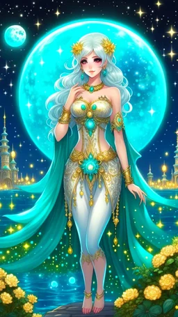 A beautiful girl with glowing starry eyes. And with turquoise hair decorated. And full body. Holds 10 glowing glass beads with a moon inside .girl void. full body Glowing golden eyes and white hair. Standing on a land of water embellished with sapphires and ornate trees. And beautiful buildings. And a sky full of star