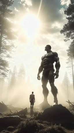 random Human in forest in background. Sunlight through clouds. Giant Nephilim in the background