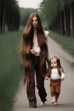 Woman, long hair, walking with baby