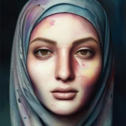 watercolor painting as woman's face, wearing hijab, fine detail, highly intricate, modern surrealism painting, fog, high-quality, volumetric lighting, 8k, ultrahd, George Grie, Marco Escobedo, Igor Morski,Brian Froud, Howard Lyon, Selina French,