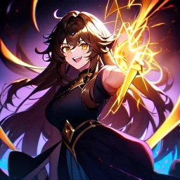 Clear focus, 8k, high quality, detailed, beautiful lighting, girl, vibrant colors, black long hair, vibrant golden eyes, messy hair, laughing, angry, magic,