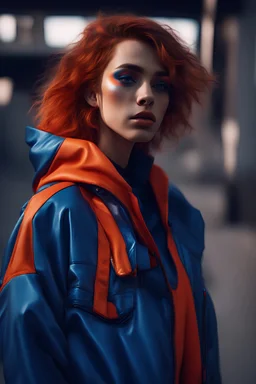 a young woman in a blue jacket with orange and blue makeup, in the style of fujifilm natura 1600, androgynous, óscar domínguez, uhd image, playing with light and shadow, klaus pillon, jagged edges