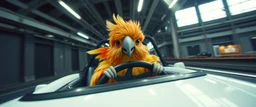 car driving happy 2d fluffy quickling parrot ninja in the style of Escher and Giger and Fallout 4, pinhole cam, airbrush 3d rendering, on tv screen:A five-second cinematic single take in a clean industrial presentation hall.