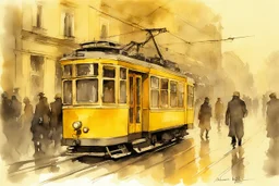 yellow tram in Budapest, style Alvaro Castagnet, Anton Pieck highly detailed elegant very attractive beautiful dynamic lighting watercolor aquarelle Thomas Wells Schaller