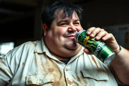 Cree l image d un agent de sécurité obese et sale. Il porte une chemise blanche tachée et boit une cannette de la marque monster. Il a des cheveux noirs hirsutes. 4k realiste. Il est très sale, il sent mauvais. Il sourit betement. Il a bu beaucoup d alcool la veille. Il est débraillé