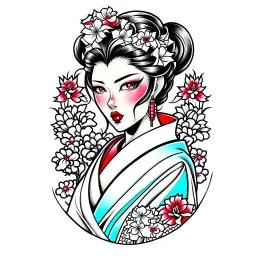 Tatto design Neotraditional style , Geisha with a Cherry Blossom Kimono, white background, tatto style,