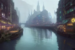 Canal River and corner shop greengrocer in colorful Italian street+Gothic city+BioShock+Dishonored+Bloodborne +trieste+Edinburgh+Chicago+victorian London+decòpunk Skyscraper+ +steampunk+biopunk+alphonse mucha, greg rutkowski,matte painting, cryengine, hyper detailed, felix kelly, fantasy art, seb mckinnon