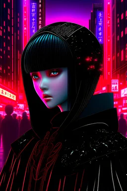 Create a hyperrealistic digital art piece featuring Babymetal wearing a gothic dress. Pay meticulous attention to detail. Render her hair and face with exquisite detail, capturing the beauty of the character. The image should have an ultra-focused and intense feel, utilizing an 8k resolution for crispness and clarity. The background is a neon cityscape