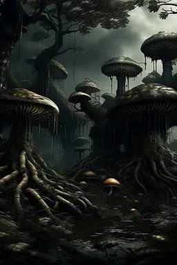 scary dark mushroom city in the forest