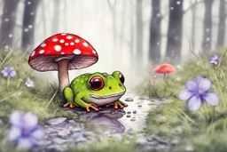 3D close-up of a very cute fluffy plushy chibi plush frog hiding from the rain under a red white spotted mushroom in the forest, puddles in front, grass and violets next to him, 3d effect melting watercolour on wet inked paper, black ink outline in sunshine, ethereal, cinematic postprocessing