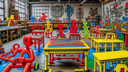 A factory filled with toys and instruments painted by Keith Haring