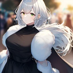 Clear focus, High resolution, light grey short hair, dark green eyes, wearing a black t-shirt and black skirt, fluffy hair, detailed outfit, really fluffy hair