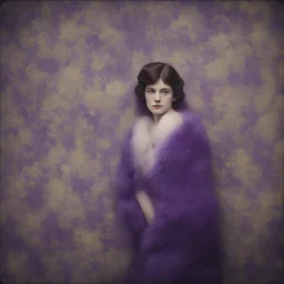 Sidney Sweeney, purple fur, flowered wallpaper background, old autochrome