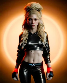 portrait, Shakira, blonde artist, angry, Realistic image, MMA robe, hoodie, mma gloves, fight pose, make-up make-up, gold line make-up, sweat, fog, goddess style, Neon colors, leds. Black background, photo studio, concept art, smooth, unreal engine 5, god lights, ray tracing, RTX, lumen lighting, ultra detail, volumetric lighting, 3d, finely drawn, high definition, 4k.