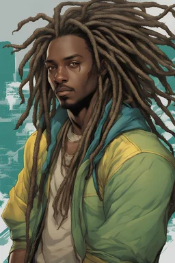 Long shot, exteme wide shot, Head in frame, Whole body in frame, legs and feet in frameultra detailed, Creative, original character, original superhero character Stunningly handsome man with dark brown blue streaked neck-length dreadlocks, straight nose, dark skin, gorgeous broad young face, kind roguish steel hazel eyes, wearing white, yellow, and green superhero body suit, hyperrealism, by Greg Rutkowski,by anna dittmann,trending on artstation