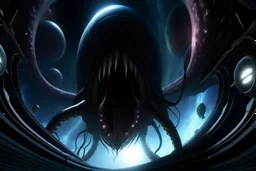 View from a spaceship into a natural event horizon in space with enormous strange tentacled creatures, with huge mouths, flying around in the black