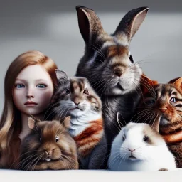 family portrait with 2 girls with brown hair, 1 boy with brown hair, 1 blond woman, 1 grey rabbit, 1 black and grey rabbit, one very old red-headed sleepy cat, winter mountain background,