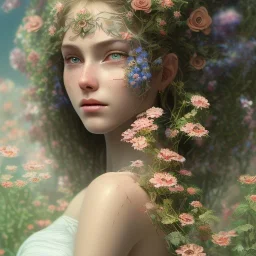 perfect woman, flowers, fractal paint, plants, wildflower, character portrait, intricate, insanely detailed, 4k resolution, cinematic smooth, intricate detail, bright colors