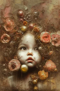 an abstract painting of rusted metal and flowers, heart filled with love white young baby, rust, scaffolding, iron cladding, decay, mixed media, textured, anatomically correct, beautiful perfect face, sharp focus, highly detailed