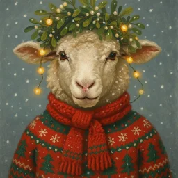 festive Whimiscial sheep in snow, with lights dressed for Christmas in holiday sweater