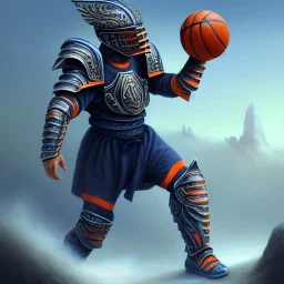 a fierce warrior in full navy blue and orange battle armor, with an S-shaped shield, holding a basketball, background of Inka jungle, a highly detailed illustration, realistic render, 8 k, micro detail, intricate, elegant, centered, digital painting, Artstation, smooth, sharp focus, illustration, artgerm, tomasz alen kopera, peter mohrbacher, donato giancola, joseph christian leyendecker, wlop, boris vallejo