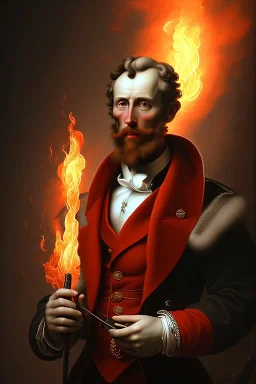 gentleman , Fire theme art, Dark moody night atmosphere, Michelangelo, 8K, anatomically perfect face, ignore NSFW, dark red,london