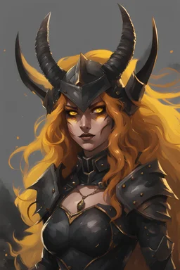 A evil female dark knight with Black sclera, demonic horns, black lips, yellow eyes, long scarlet wavy hair over one eye standing on a battlefield with a evil smile