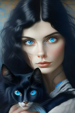 Black hair, blue eyes, woman holding calico cat