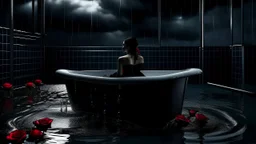 "A sleek, modern bathtub sits against a dark, noir-inspired backdrop of a stormy night. The sky is a deep, ominous black, with flashes of lightning casting a stark white light over the scene. A solitary figure stands beside the bathtub, silhouetted against the darkness, with a red rose floating in the water. The atmosphere is dramatic and mysterious, with a focus on high contrast and deep shadows."