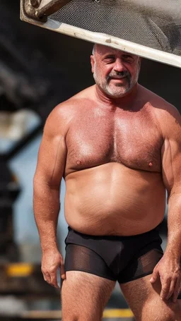 close up photography of a 58-year-old Italian man , strong burly chubby sweat, maneuvers a large excavator in a construction area under the sun, shirtless with safety vest and white see through mesh underwear, opened big legs, backide, looking forward, big belly, curly beard, ambient occlusion, frontal view, 4k, view from the bottom