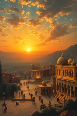 ancient painting. a beautiful Middle-Eastern scene at sunset. atmospheric. huge palace and immense view of the night sky.