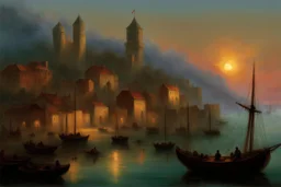 a medieval town by the sea at sunset by artist "Ivan Constantinovich Aivazovsky"