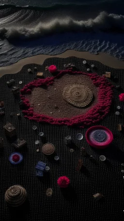 bird's eye view of shipwreck, seashore, moonlit night, foam waves, stands out an ancient crown set with ruby and different indecipherable coins between salt and sand, a wig, gloves, a compass , an abacus, kodak, fuji film, hgtv, 12k ursa, cinematic