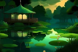 pond in anime ghibli style. cozy calming aesthetical. evening. warm green colors. not too dark. with a big lily pad on the right of the picture. big mushroom like standing lamp near lily pad. dont see sky. no wooden houses on background. water more detailed with small waves. bushes and trees on background.