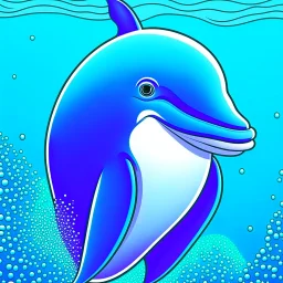 a cute illustration of a Dolphin, detailed, using three colors blue. ocean background.