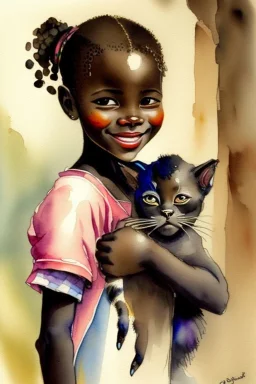 A cute smiling african girl is holding a kitten. Watercolour