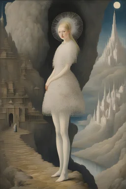Kay Nielsen, Agostino Arrivabene, Surreal, mysterious, strange, fantastical, fantasy, Japanese fantasy, anime, the underground world of Babel, spiralling beautiful girl in a miniskirt, detailed masterpiece low angles up and down views