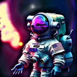 pixar style anamorphic cute cyberpunk astronaut floating in space, smiling, full body, magenta puffer jacket, dramatic lighting, hyper realistic, unreal engine 5, 16k, background:space