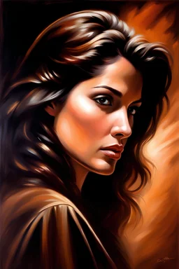 dark brown wood panel background with an overhead spotlight effect, a small woman facing to the side looking back over her shoulder, full color oil painting in the art style of Boris Vallejo