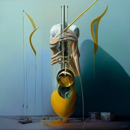 Abstract painting formed by a mix of human flesh-like surgical instruments and universe-like musical instruments,neuralink,minimalism,Painting By Adrian Ghenie, Rene Magritte, Salvador Dali, Lucian Freud