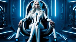 sitting An android-mutant woman with long hair, a biomechanical mutant with sky-blue eyes, white robot body, she is the AI-Medusa woman with like snakes of hair, the wirling with blue-white hair, sitting a futuristic chair, stunning, mystic and sci-fi mix creature, high detalied, sharp focus, perfect beauty, professional photo