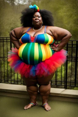 Massively obese black woman with a beard wearing a skin-tight rainbow swimsuit with a a tutu. Photograph.